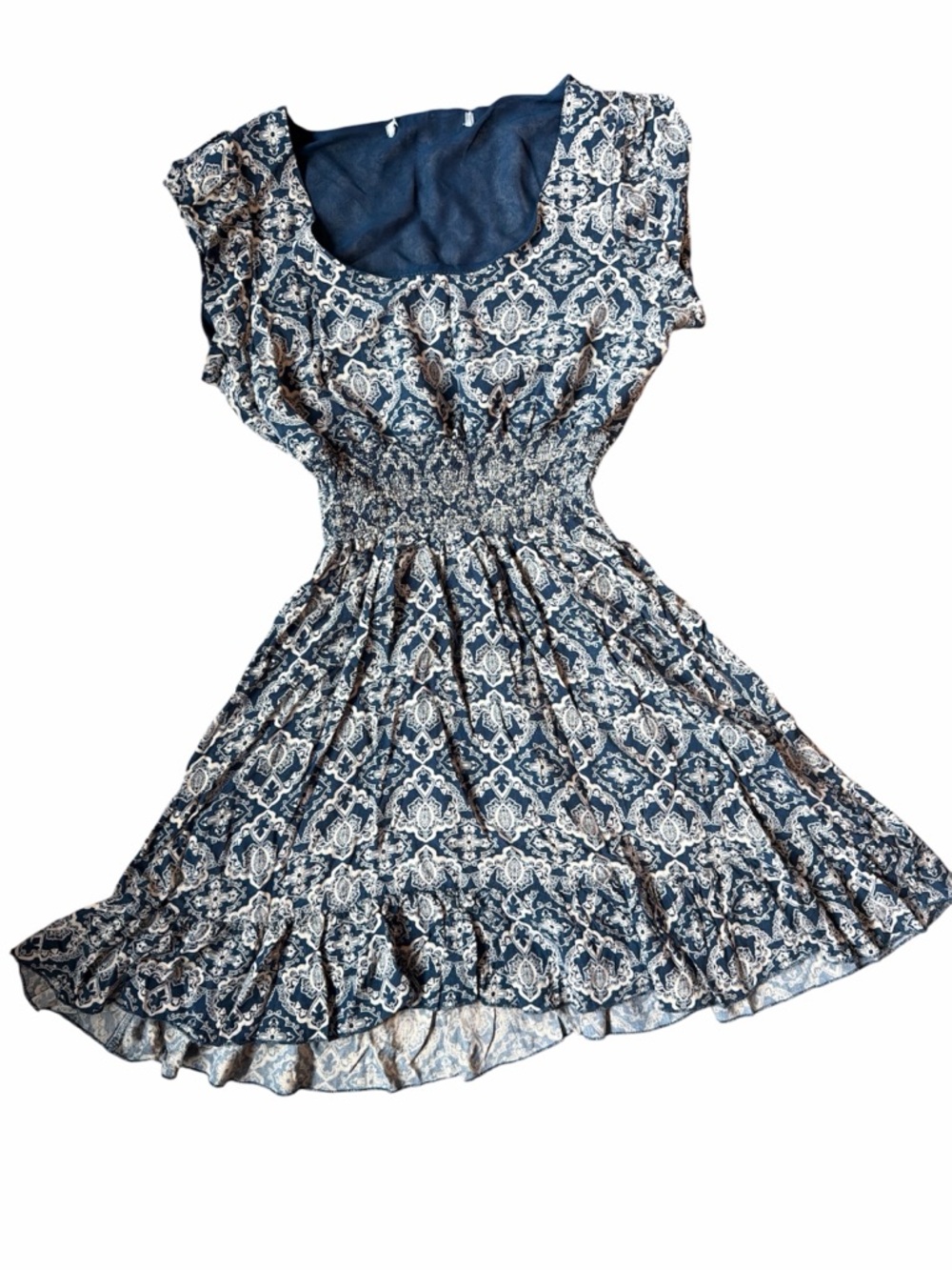 Y2K Women’s Navy Blue Patterned Smocked Waist Dress XS